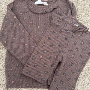 Zara Kids Floral Ribbed Set — brown shade with Pink & Lavender Flowers